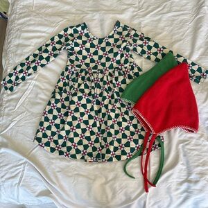 Hanna Andersson Green Cream dress AND gnome hats